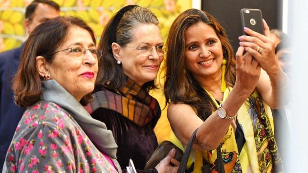 UPA Chief Sonia Gandhi gets a selfie clicked with spectators during the India Art Fair 2018 at Okhla NSIC Grounds, New Delhi. (Raj K Raj / HT Photo) UPA Chief Sonia Gandhi gets a selfie clicked with spectators during the India Art Fair 2018 at Okhla NSIC Grounds, New Delhi. (Raj K Raj / HT Photo)