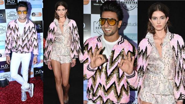 It’s hard to miss Ranveer Singh in his baby pink, gold and black sequined bomber jacket from designer Manish Arora’s spring 2018 ready-to-wear women’s collection.(Instagram)