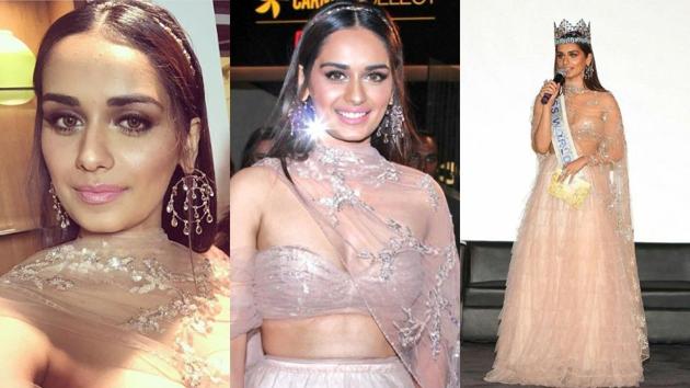 Miss World 2017 Manushi Chhillar in a dazzling blush-coloured lehenga set from designer label Shehlaa By Shehla Khan.(Instagram/ biancalouzado_79 and missworld_time)