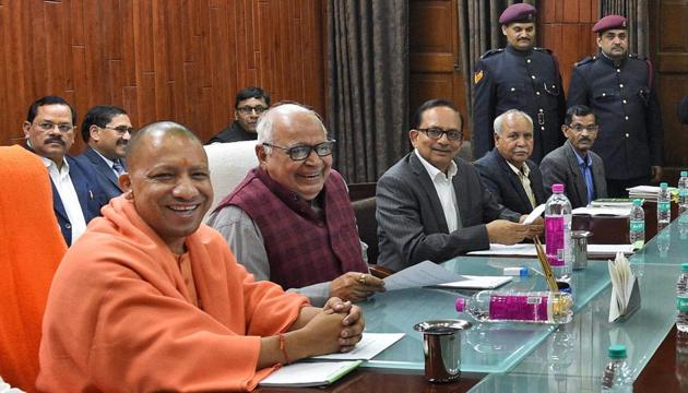 Uttar Pradesh Chief Minister Yogi Adityanath and Assembly Speaker HN Dixit along with others during an all-party meeting ahead of the Budget Session of Uttar Pradesh assembly in Lucknow on Wednesday. (PTI) Uttar Pradesh Chief Minister Yogi Adityanath and Assembly Speaker HN Dixit along with others during an all-party meeting ahead of the Budget Session of Uttar Pradesh assembly in Lucknow on Wednesday. (PTI)