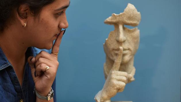 A visitor at an installation put up as part of the festival in Mumbai. The festival was held from February 3 to 11 across multiple venues. (Satish Bate / HT Photo) 