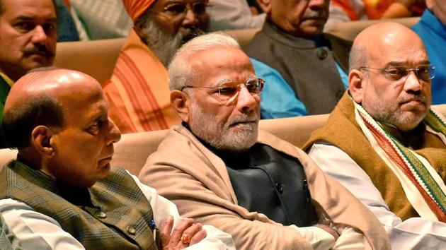 Prime Minister Narendra Modi with BJP president Amit Shah and home minister Rajnath Singh at the BJP parliamentary party meeting, during the Budget session 2018-19 of Parliament in New Delhi on Friday. (PTI Photo) Prime Minister Narendra Modi with BJP president Amit Shah and home minister Rajnath Singh at the BJP parliamentary party meeting, during the Budget session 2018-19 of Parliament in New Delhi on Friday. (PTI Photo)