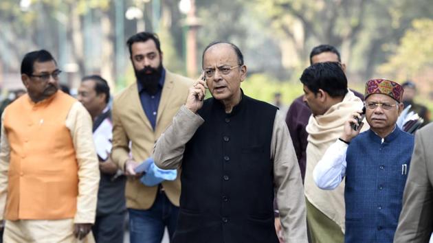 Finance minister Arun Jaitley outside the Parliament after a BJP parliamentary meet in New Delhi.(Arvind Yadav/HT PHOTO) Finance minister Arun Jaitley outside the Parliament after a BJP parliamentary meet in New Delhi.(Arvind Yadav/HT PHOTO)