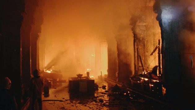 A major fire broke out inside the East Tower of the Meenakshi Amman Temple in Madurai on February 3. (PTI File Photo) A major fire broke out inside the East Tower of the Meenakshi Amman Temple in Madurai on February 3. (PTI File Photo)