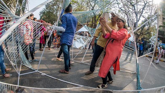 The Urban Tree installation allowed people to experience walking through a forest. With various strings attached to create triangles on various poles and a mirror on top, the effect was that of a canopy created by shadows.  (Pratik Chorge / HT Photo) 