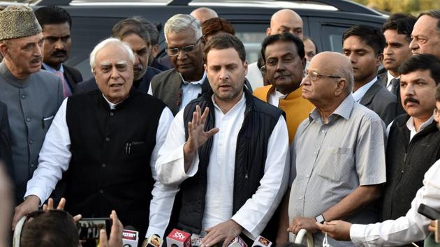 Congress president Rahul Gandhi, along with opposition leaders, addresses a press conference after meeting President Ram Nath Kovind in New Delhi on Friday. (Sonu Mehta/HT) Congress president Rahul Gandhi, along with opposition leaders, addresses a press conference after meeting President Ram Nath Kovind in New Delhi on Friday. (Sonu Mehta/HT)