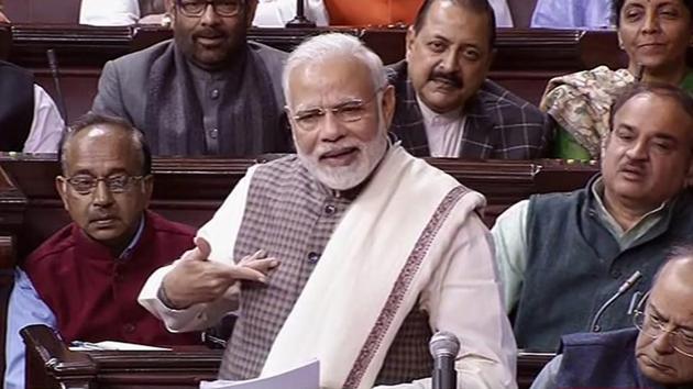 Prime Minister Narendra Modi speaks in the Rajya Sabha, at the Parliament in New Delhi on Wednesday.(PTI)