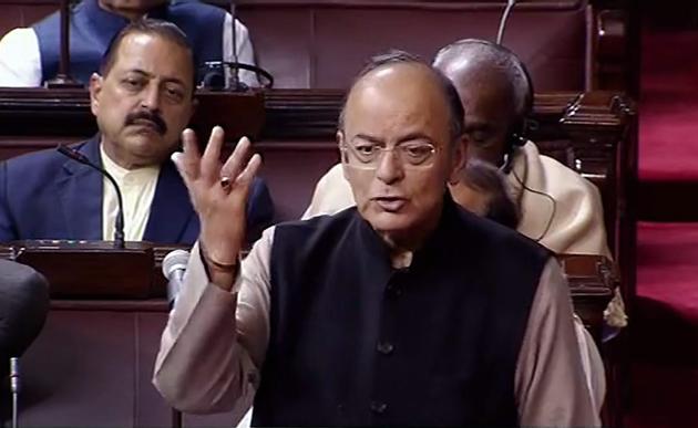 Finance minister Arun Jaitley speaks in the Rajya Sabha in New Delhi on Friday. (PTI Photo / TV GRAB)