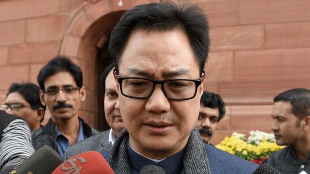 Home Affairs Kiren Rijiju speaks to reports outside Parliament in New Delhi.(Sonu Mehta/HT File Photo)