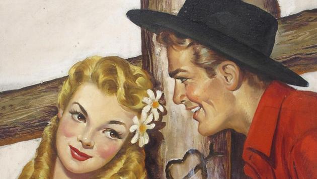 The oil on canvas painting "Couple with heart branding iron," circa 1940s, by Gloria Stoll Karn. Karn, who had a brief but productive stint as an illustrator of pulp crime and romance magazines during the 1940s.(AP)