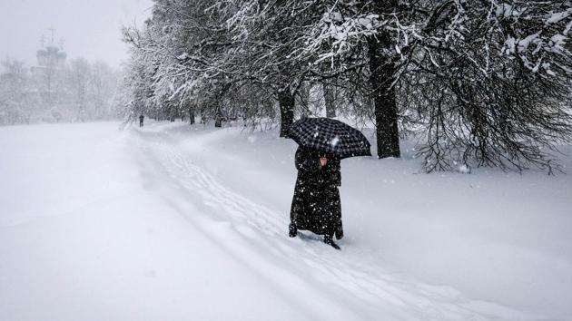 A woman with an umbrella walks during strong snowfall at the Kolomenskoye museum-reserve in Moscow on February 4, 2018. (Yuri Kadobnov / AFP) A woman with an umbrella walks during strong snowfall at the Kolomenskoye museum-reserve in Moscow on February 4, 2018. (Yuri Kadobnov / AFP)