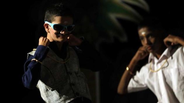 A differently-abled student from Kamayani school strikes a pose during his performance at the school’s annual gathering at the Tilak Smarak Mandir on February 7. (Rahul Raut/HT PHOTO)