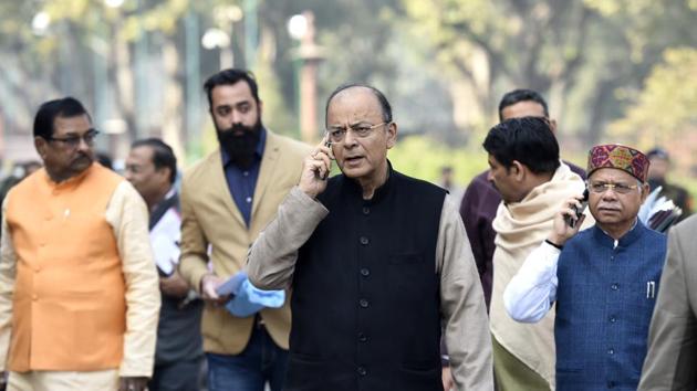 Finance minister Arun Jaitley (centre) outside Parliament after a BJP parliamentary meet on Friday. (Arvind Yadav/HT Photo) Finance minister Arun Jaitley (centre) outside Parliament after a BJP parliamentary meet on Friday. (Arvind Yadav/HT Photo)