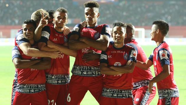 Goal celebration by Jamshedpur FC players during an Indian Super League match against NorthEast United FC at the JRD Tata Sports Complex in Jamshedpur on Saturday.(ISL)