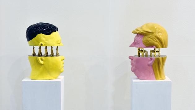 Sculptures of Kim Jong-un and Donald Trump by Bangladeshi artist Aminul Aslam Ashik on display at the India Art Fair 2018. Taking place annually at the NSIC ground here, the fair is a reflection of the fast-developing arts scene in the country, offering curated insights into its varied cultural landscapes. (Raj K Raj / HT Photo) Sculptures of Kim Jong-un and Donald Trump by Bangladeshi artist Aminul Aslam Ashik on display at the India Art Fair 2018. Taking place annually at the NSIC ground here, the fair is a reflection of the fast-developing arts scene in the country, offering curated insights into its varied cultural landscapes. (Raj K Raj / HT Photo)