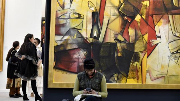 A piece by Paresh Maity is seen on display. Besides the focus on regional artists and galleries, the fair is also hosting international galleries including David Zwirner, Karla Osorio Gallery, Mo J Gallery and Richard Koh Fine Art participating for the first time. Other international galleries like Sabrina Amrani, Aicon Gallery, baudoin lebon, 1X1 Art Gallery and Lukas Feichtner Galerie have also returned this year. (Raj K Raj / HT Photo) A piece by Paresh Maity is seen on display. Besides the focus on regional artists and galleries, the fair is also hosting international galleries including David Zwirner, Karla Osorio Gallery, Mo J Gallery and Richard Koh Fine Art participating for the first time. Other international galleries like Sabrina Amrani, Aicon Gallery, baudoin lebon, 1X1 Art Gallery and Lukas Feichtner Galerie have also returned this year. (Raj K Raj / HT Photo)