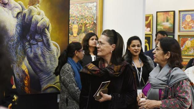 UPA chairperson and Senior congress Leader Sonia Gandhi visits the India Art Fair 2018 at Okhla NSIC ground, on February 09, 2018 in New Delhi. From the masterstrokes of art legends to contemporary installations, the 10th India Art Fair (IAF) began Friday, a heaven for connoisseurs, exhibitors and art lovers. (Raj K Raj / HT Photo) UPA chairperson and Senior congress Leader Sonia Gandhi visits the India Art Fair 2018 at Okhla NSIC ground, on February 09, 2018 in New Delhi. From the masterstrokes of art legends to contemporary installations, the 10th India Art Fair (IAF) began Friday, a heaven for connoisseurs, exhibitors and art lovers. (Raj K Raj / HT Photo)