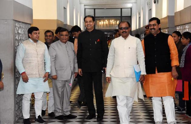 Senior BJP leaders at the Vidhan Nhawan ahead of the house session in Lucknow.(Dheeraj Dhawan/HT photo)