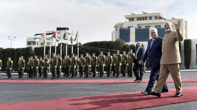 Prime Minister Narendra Modi and Palestinian President Mahmoud Abbas accord a ceremonial guard of honour at Al-Muqata'a, the compound of the presidential headquarters in Ramallah on February 10, 2018. Modi became the first Indian PM to visit Palestine as part of a four-nation middle east visit. (PTI) Prime Minister Narendra Modi and Palestinian President Mahmoud Abbas accord a ceremonial guard of honour at Al-Muqata'a, the compound of the presidential headquarters in Ramallah on February 10, 2018. Modi became the first Indian PM to visit Palestine as part of a four-nation middle east visit. (PTI)