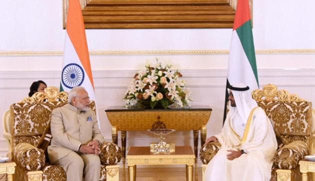 Prime Minister Narendra Modi shakes talks with the Crown Prince of Abu Dhabi, Deputy Supreme Commander of U.A.E. Armed Forces, General Sheikh Mohammed Bin Zayed Al Nahyan, at Presidential Palace, in Abu Dhabi. (PTI) Prime Minister Narendra Modi shakes talks with the Crown Prince of Abu Dhabi, Deputy Supreme Commander of U.A.E. Armed Forces, General Sheikh Mohammed Bin Zayed Al Nahyan, at Presidential Palace, in Abu Dhabi. (PTI)