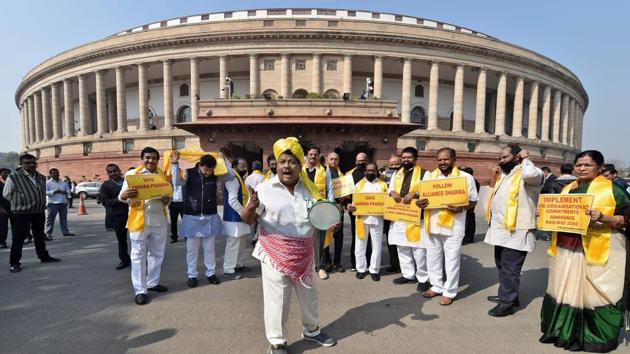 TDP MPs protest demanding special package for the state, during the budget session of Parliament in New Delhi. (PTI File Photo) TDP MPs protest demanding special package for the state, during the budget session of Parliament in New Delhi. (PTI File Photo)