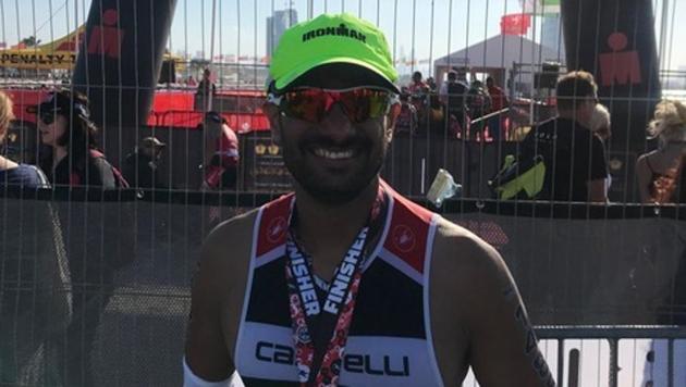 Pune entrepreneur, Venkatesh Kashelikar after completing the half Ironman event in Dubai. (HT PHOTO) Pune entrepreneur, Venkatesh Kashelikar after completing the half Ironman event in Dubai. (HT PHOTO)