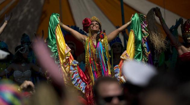 A reveller performs on stilts during the Terreirada Cearense street carnival party in Rio de Janeiro, Brazil. (AP) A reveller performs on stilts during the Terreirada Cearense street carnival party in Rio de Janeiro, Brazil. (AP)