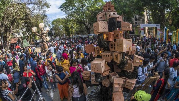 Among a row of installations that lined the street was Skywards was an installation representing the city as a tree with homes being built on top of each other, and the city’s fight for every inch of space. (Pratik Chorge/HT Photo) 