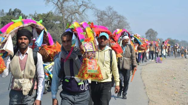 Kanwar pilgrims in Haridwar on Sunday. (HT PHOTO) Kanwar pilgrims in Haridwar on Sunday. (HT PHOTO)