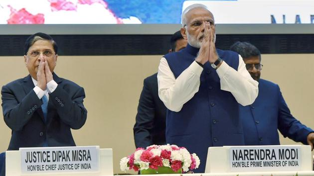 Prime Minister Narendra Modi with Chief Justice of India, Justice Dipak Misra.(PTI FILE PHOTO)