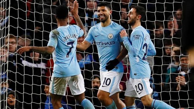 Manchester City's Sergio Aguero celebrates scoring his fourth goal against Leicester City in the Premier League on Saturday. (Reuters) Manchester City's Sergio Aguero celebrates scoring his fourth goal against Leicester City in the Premier League on Saturday. (Reuters)