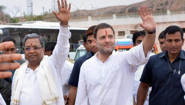 Congress president Rahul Gandhi with Karnataka chief minister Siddaramaiah during a rally in Koppal, Karnataka, on Saturday. (PTI Photo) Congress president Rahul Gandhi with Karnataka chief minister Siddaramaiah during a rally in Koppal, Karnataka, on Saturday. (PTI Photo)