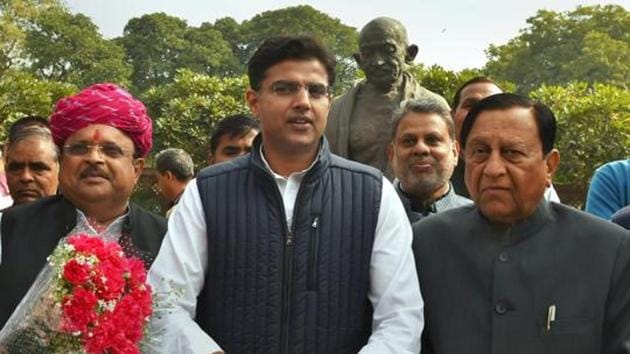 Rajasthan Congress president Sachin Pilot with newly elected party MPs Karan Singh Yadav and Raghu Sharma at Parliament House in New Delhi.(PTI File Photo)