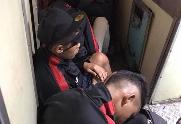 Players of the Aizawl U-15 football team was pictured sitting on the floor of the train they were travelling in. (Facebook/Rishit Mitra) Players of the Aizawl U-15 football team was pictured sitting on the floor of the train they were travelling in. (Facebook/Rishit Mitra)
