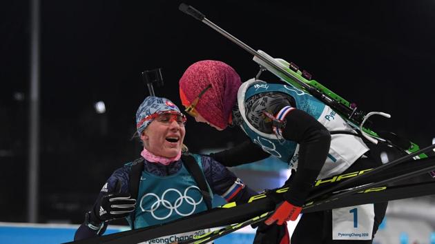 Gold winner Germany's Laura Dahlmeier congratulates silver winner Slovakia's Anastasiya Kuzmina after she crosses the finish line in the women's 10km pursuit biathlon event during the Pyeongchang 2018 Winter Olympic Games on Monday. (AFP) Gold winner Germany's Laura Dahlmeier congratulates silver winner Slovakia's Anastasiya Kuzmina after she crosses the finish line in the women's 10km pursuit biathlon event during the Pyeongchang 2018 Winter Olympic Games on Monday. (AFP)
