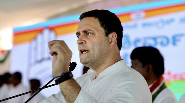 Congress president Rahul Gandhi addresses the gathering during a tribal rally in Raichur on Monday. (PTI) Congress president Rahul Gandhi addresses the gathering during a tribal rally in Raichur on Monday. (PTI)