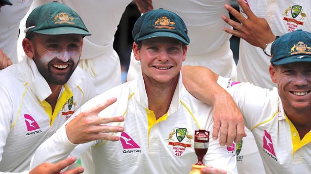 Steve Smith holds a replica Ashes urn after Australia won the fifth Ashes cricket Test match and the series 4-0 in January 2018. Smith has been crowned Australia’s Test Player of the Year. Apart from Smith, Nathan Lyon and David Warner have been Australia’s leading cricketers. Smith and Warner were feted at the Allan Border Medal presentation ceremony in Melbourne on Monday (February 12).(REUTERS)