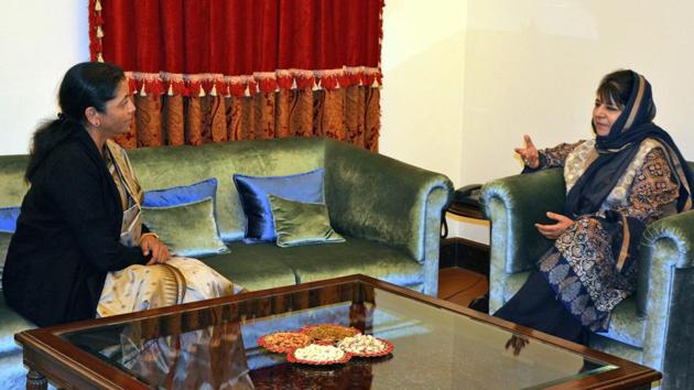 Defence minister Nirmala Sitharaman holds talks with Jammu and Kashmir chief minister Mehbooba Mufti, at Raj Bhawan in Jammu on Monday. (PTI) Defence minister Nirmala Sitharaman holds talks with Jammu and Kashmir chief minister Mehbooba Mufti, at Raj Bhawan in Jammu on Monday. (PTI)