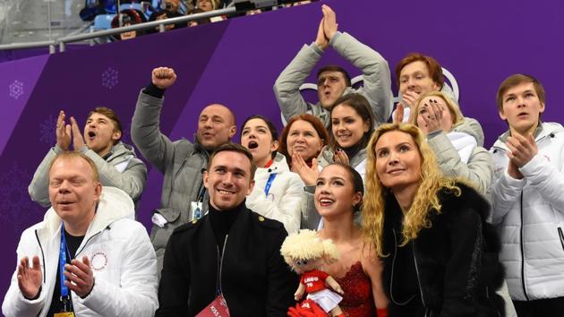 Russia's Alina Zagitova (front 2nd R) reacts after competing in the figure skating team event women's single skating free skating during the Pyeongchang 2018 Winter Olympic Games at the Gangneung Ice Arena in Gangneung on Monday. (AFP) Russia's Alina Zagitova (front 2nd R) reacts after competing in the figure skating team event women's single skating free skating during the Pyeongchang 2018 Winter Olympic Games at the Gangneung Ice Arena in Gangneung on Monday. (AFP)
