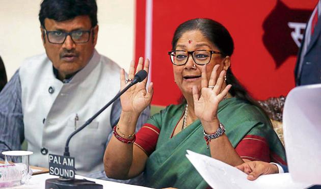 Rajasthan chief minister Vasundhara Raje interacts with mediapersons after presenting the state budget 2018-19 in the assembly in Jaipur on Monday. (HT Photo.) Rajasthan chief minister Vasundhara Raje interacts with mediapersons after presenting the state budget 2018-19 in the assembly in Jaipur on Monday. (HT Photo.)