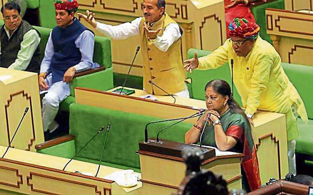 BJP legislators replying to leader of opposition Rameshwar Dudi and other Congress members who created a ruckus while chief minister Vasundhara Raje was presenting the budget in Jaipur on Monday. (HT Photo.) BJP legislators replying to leader of opposition Rameshwar Dudi and other Congress members who created a ruckus while chief minister Vasundhara Raje was presenting the budget in Jaipur on Monday. (HT Photo.)