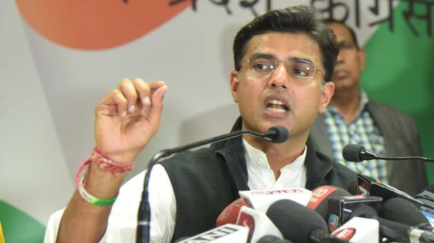 Rajasthan Congress chief Sachin Pilot addresses the media in Jaipur on Monday. (HT Photo.) Rajasthan Congress chief Sachin Pilot addresses the media in Jaipur on Monday. (HT Photo.)