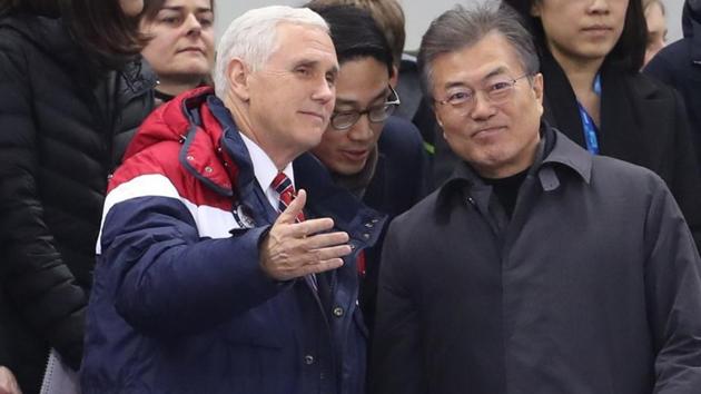 US vice president Mike Pence and South Korea's President Moon Jae-in attend an event at the Winter Olympic Games on February 10, 2018 . (Reuters) US vice president Mike Pence and South Korea's President Moon Jae-in attend an event at the Winter Olympic Games on February 10, 2018 . (Reuters)