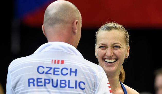 Petra Kvitova celebrates with Czech captain Petr Pala after reaching the Fed Cup tennis semifinals. (AFP) Petra Kvitova celebrates with Czech captain Petr Pala after reaching the Fed Cup tennis semifinals. (AFP)