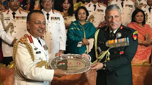 General Bipin Rawat presents a memento to General Rajendra Chhetri, Chief of the Army Staff Nepal Army, on the occasion of Nepal Army Day 2018 on Tuesday, February 13, 2018.(Indian Army/Twitter)