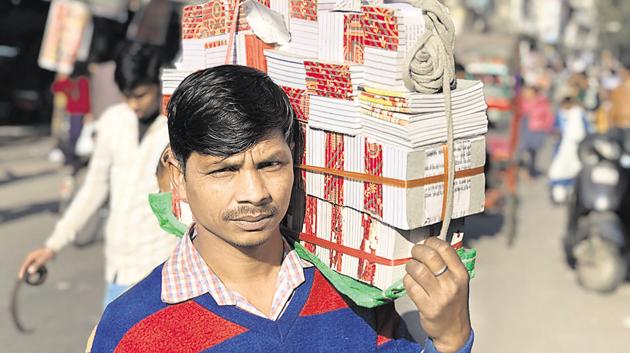 Anand Kumar sells handmade notebooks in west Delhi’s Naraina. (Mayank Austen Soofi / HT Photo) Anand Kumar sells handmade notebooks in west Delhi’s Naraina. (Mayank Austen Soofi / HT Photo)