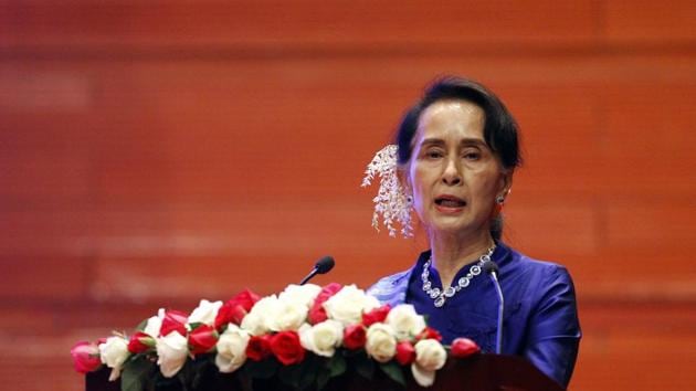 Myanmar's leader Aung San Suu Kyi speaks during the signing ceremony of "Nationwide Ceasefire Agreement" at Myanmar International Convention Center in Naypyitaw, Myanmar on Tuesday, February 13, 2018.(AP Photo)