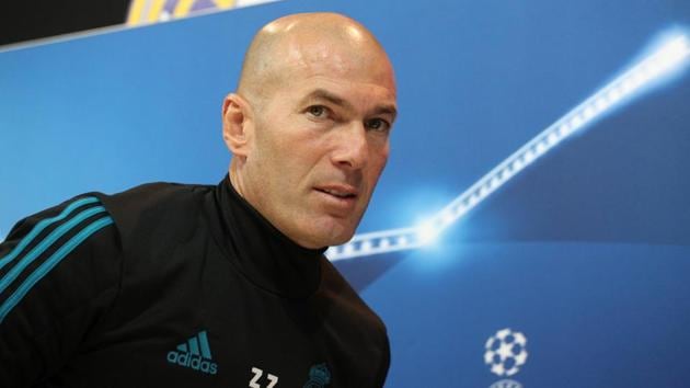Real Madrid coach Zinedine Zidane during the press conference ahead of his side’s Champions League game vs Paris Saint-Germain.(REUTERS)