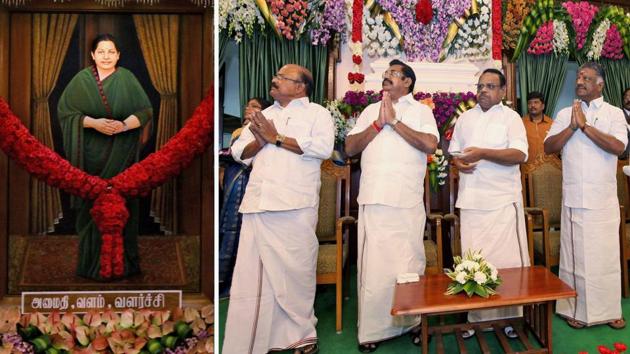 AIADMK leaders during the unveiling of a portrait of late AIADMK chief and former CM J Jayalalithaa, Fort St George, Chennai, February 12(PTI)