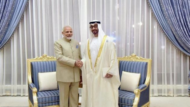 Prime Minister Narendra Modi and the Crown Prince of Abu Dhabi, deputy supreme commander of UAE armed forces, General Sheikh Mohammed Bin Zayed Al Nahyan, at Presidential Palace in Abu Dhabi, United Arab Emirates, on Saturday.(PTI file)